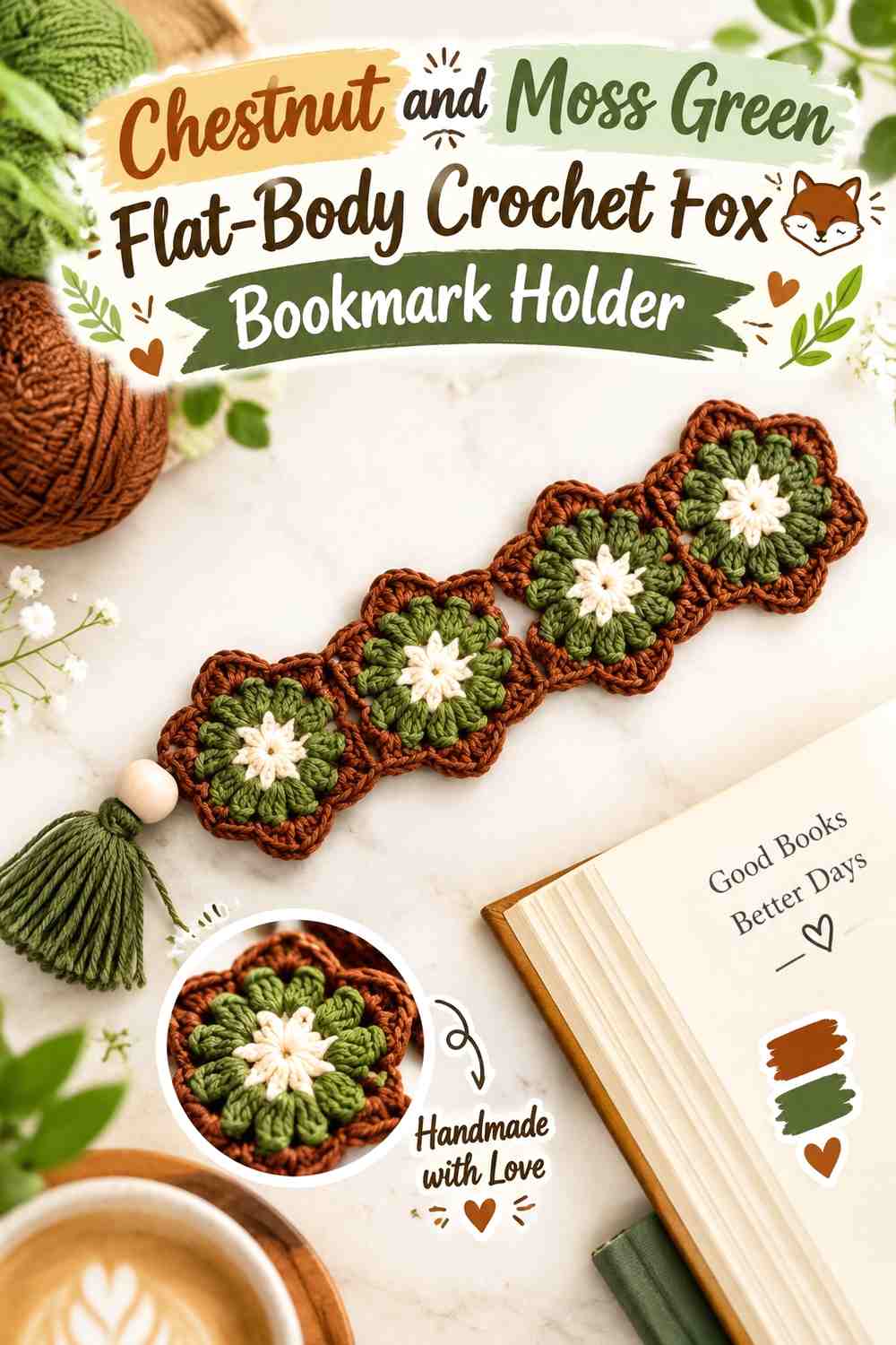 Chestnut and Moss Green Flat-Body Crochet Fox Bookmark Holder