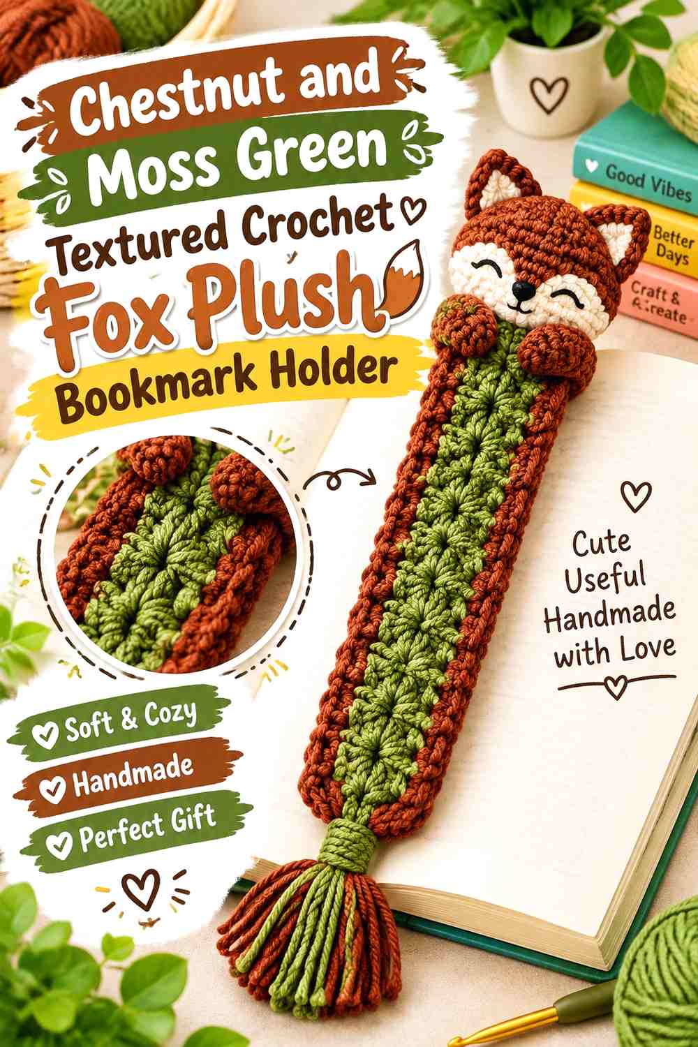 Chestnut and Moss Green Textured Crochet Fox Plush Bookmark Holder