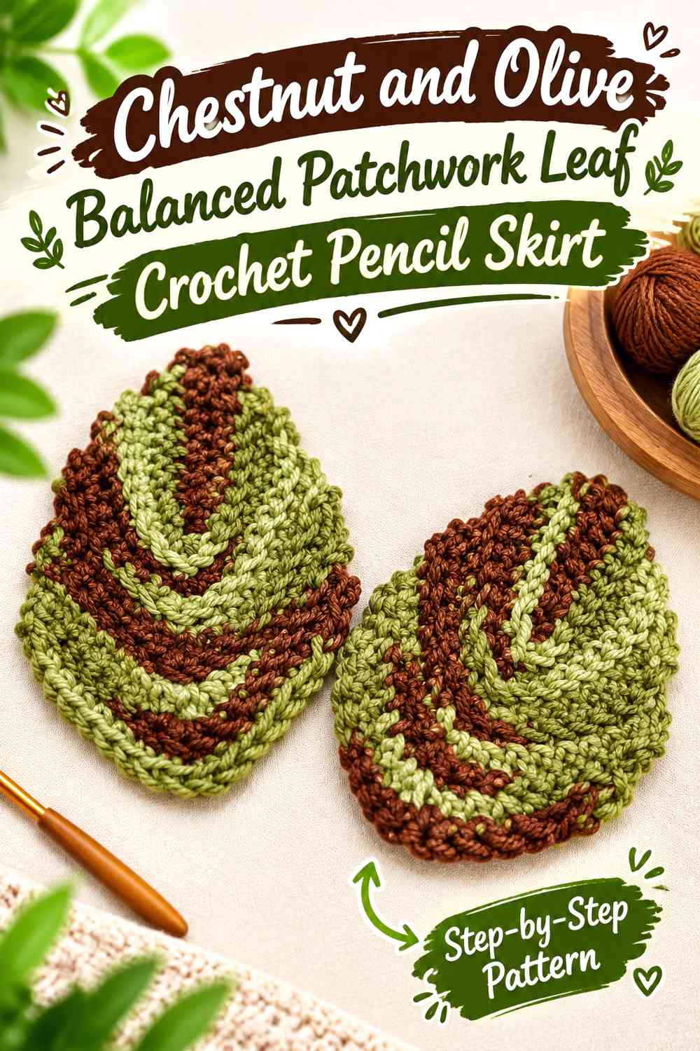 Chestnut and Olive Balanced Patchwork Leaf Crochet Pencil Skirt