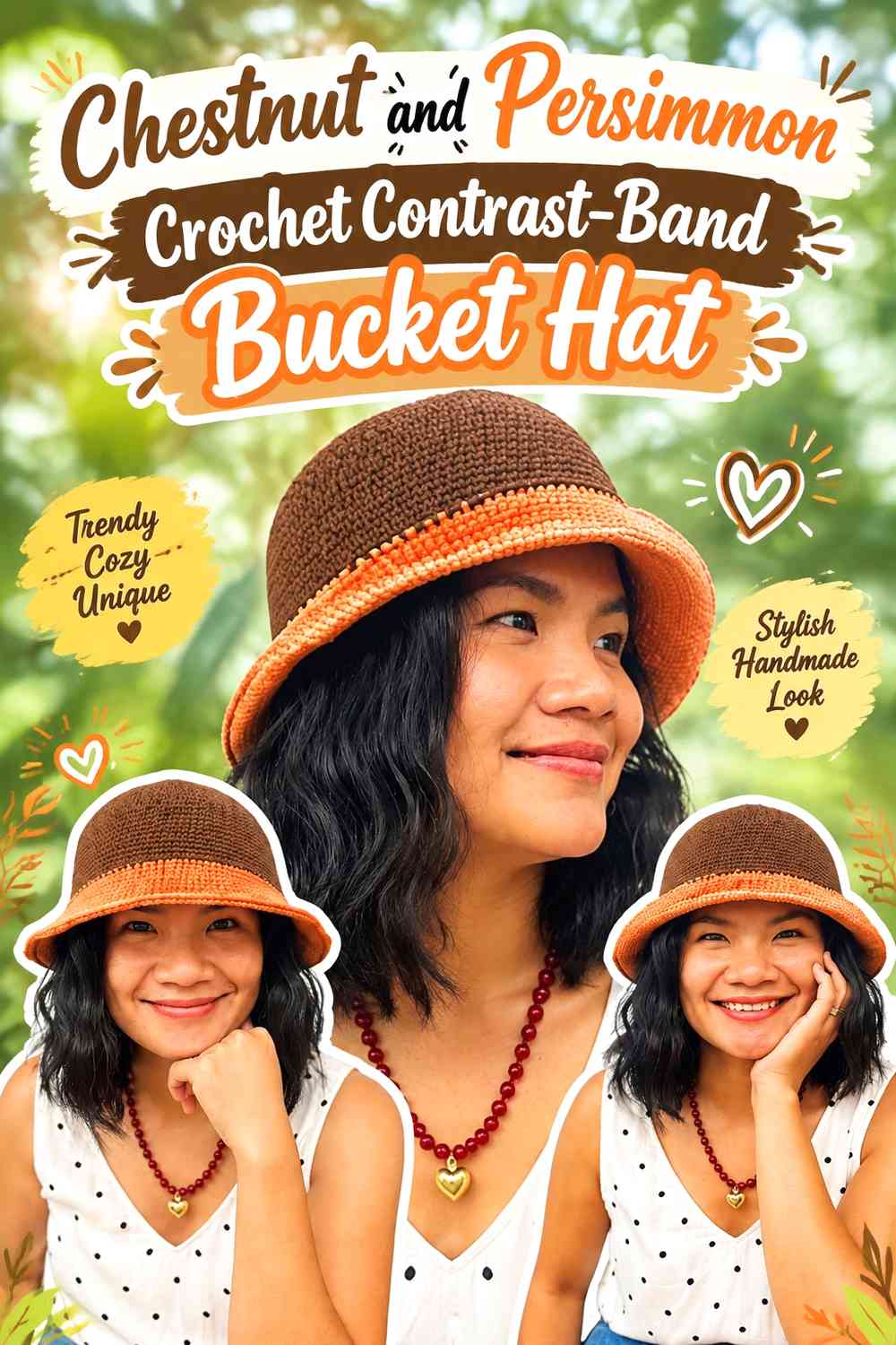 Chestnut and Persimmon Crochet Contrast-Band Bucket Hat