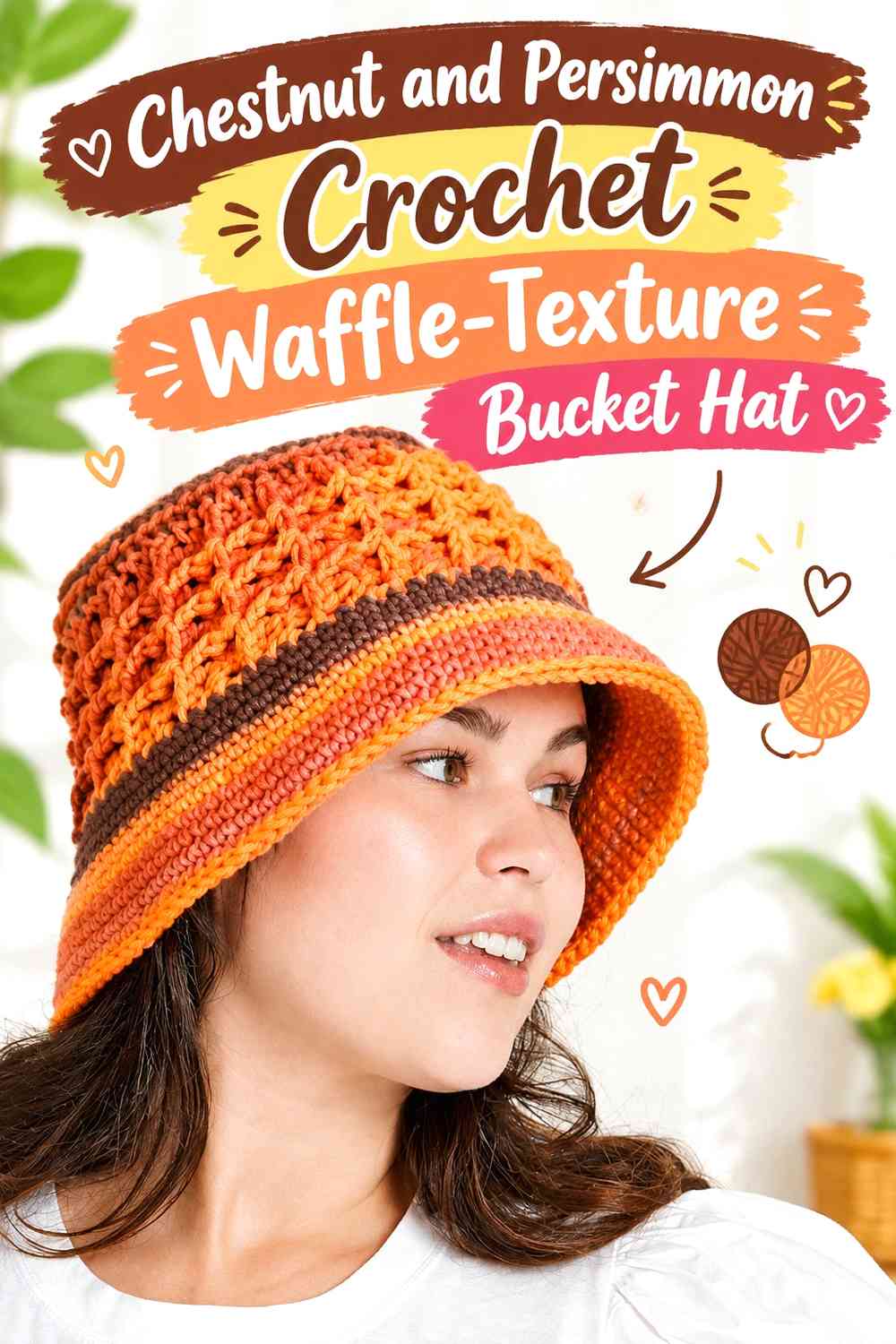 Chestnut and Persimmon Crochet Waffle-Texture Bucket Hat