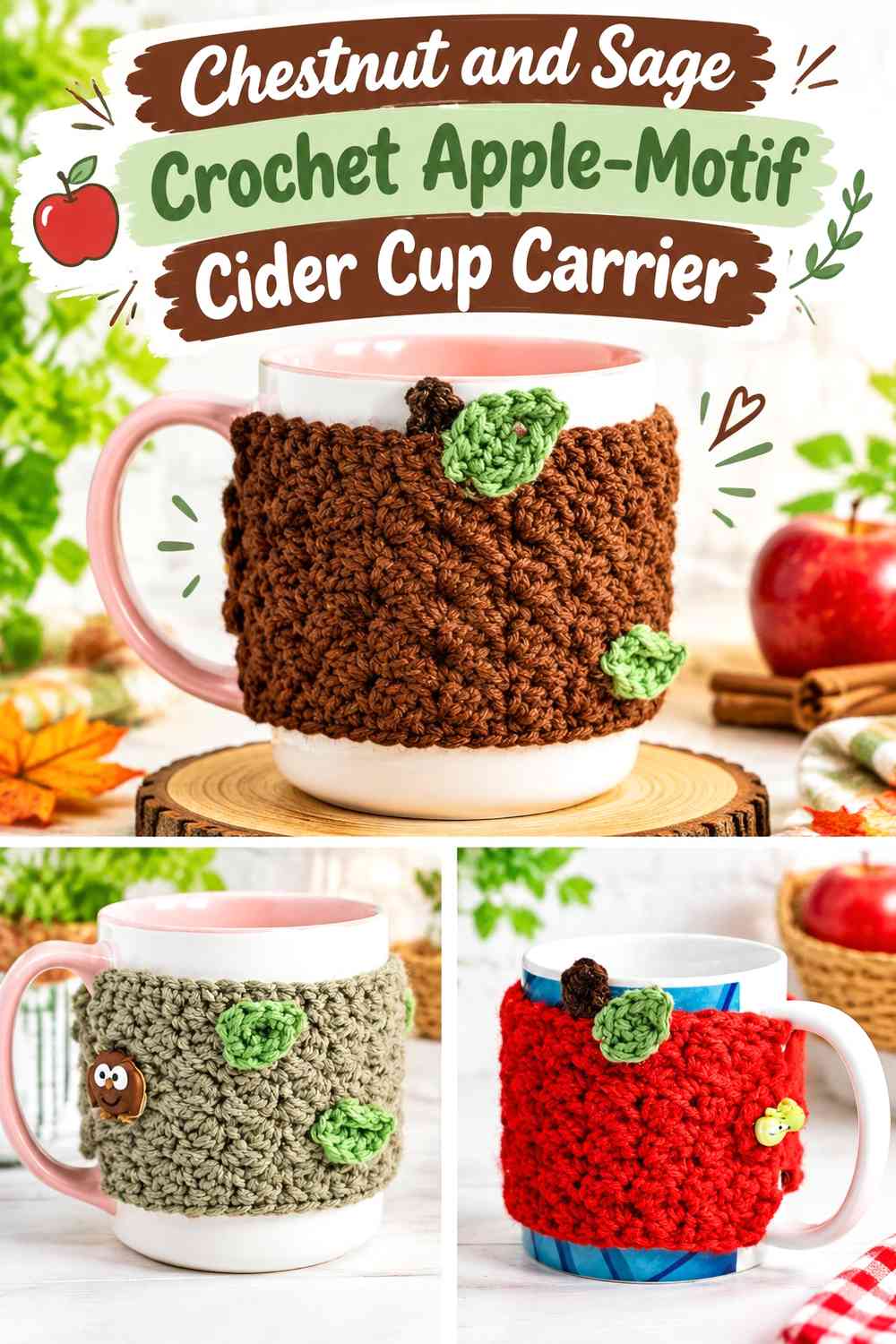 Chestnut and Sage Crochet Apple-Motif Cider Cup Carrier