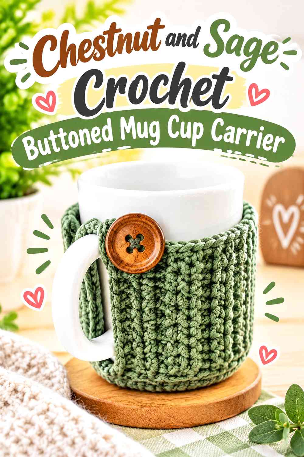 Chestnut and Sage Crochet Buttoned Mug Cup Carrier
