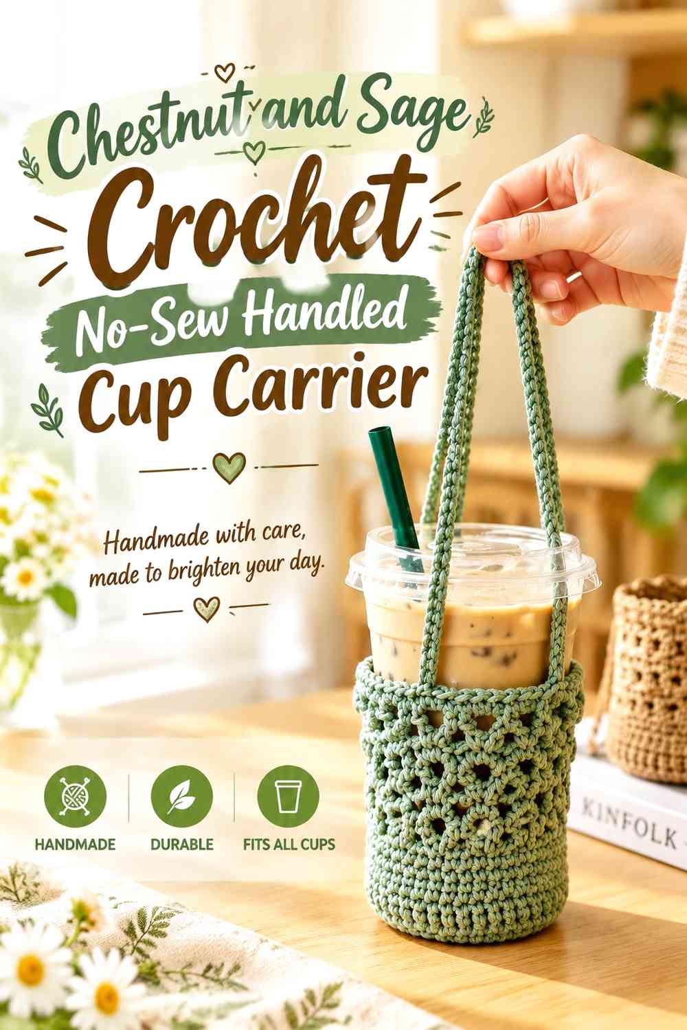 Chestnut and Sage Crochet No-Sew Handled Cup Carrier
