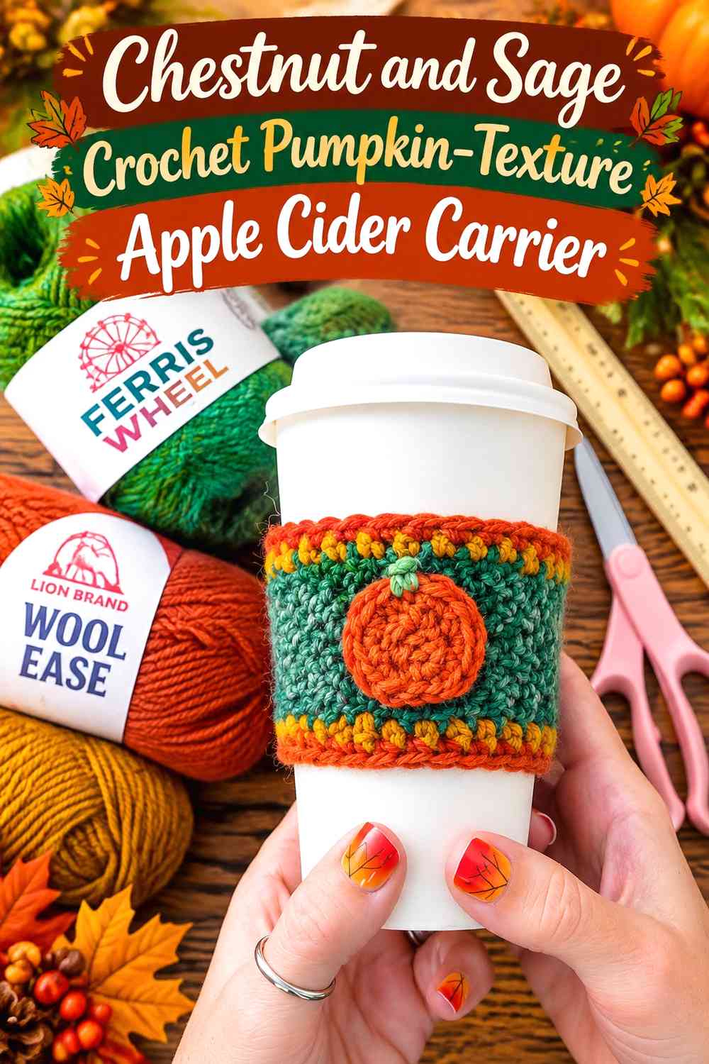 Chestnut and Sage Crochet Pumpkin-Texture Apple Cider Carrier