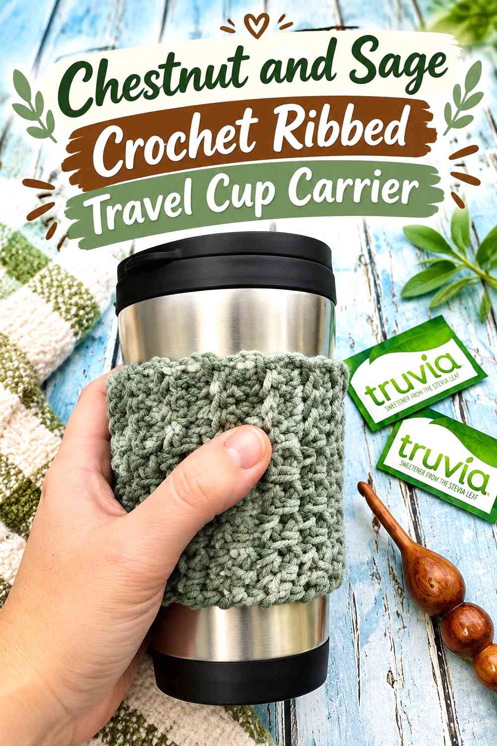 Chestnut and Sage Crochet Ribbed Travel Cup Carrier
