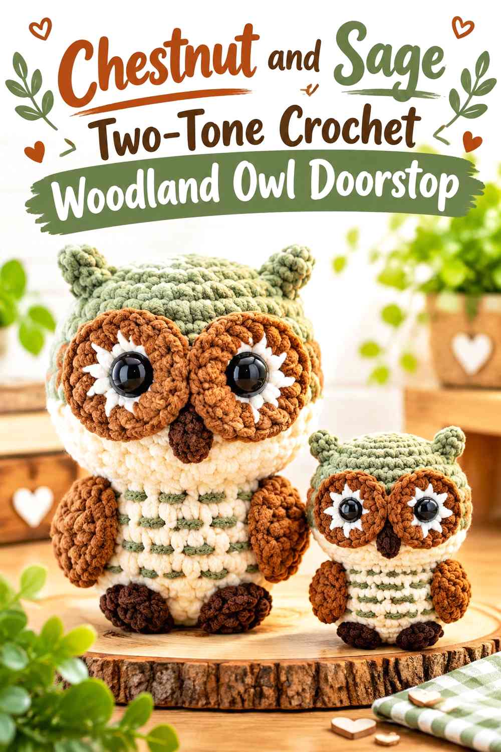 Chestnut and Sage Two-Tone Crochet Woodland Owl Doorstop