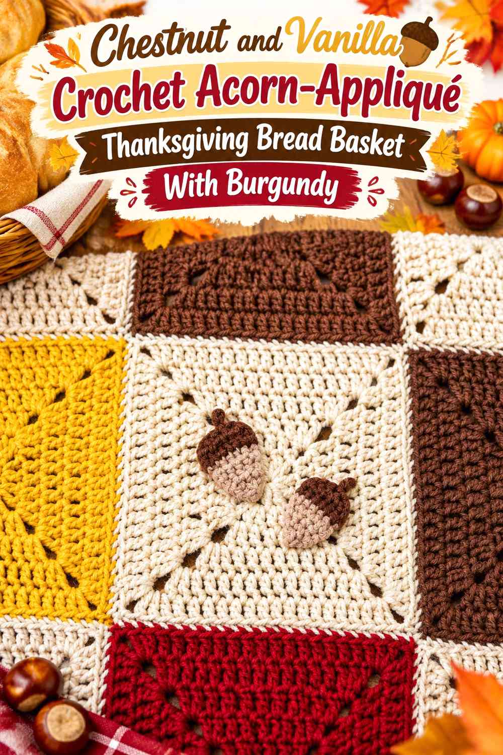 Chestnut and Vanilla Crochet Acorn-Appliqué Thanksgiving Bread Basket With Burgundy