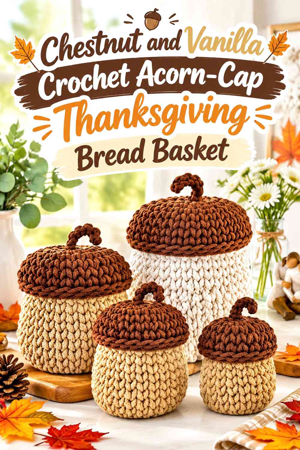 Chestnut and Vanilla Crochet Acorn-Cap Thanksgiving Bread Basket