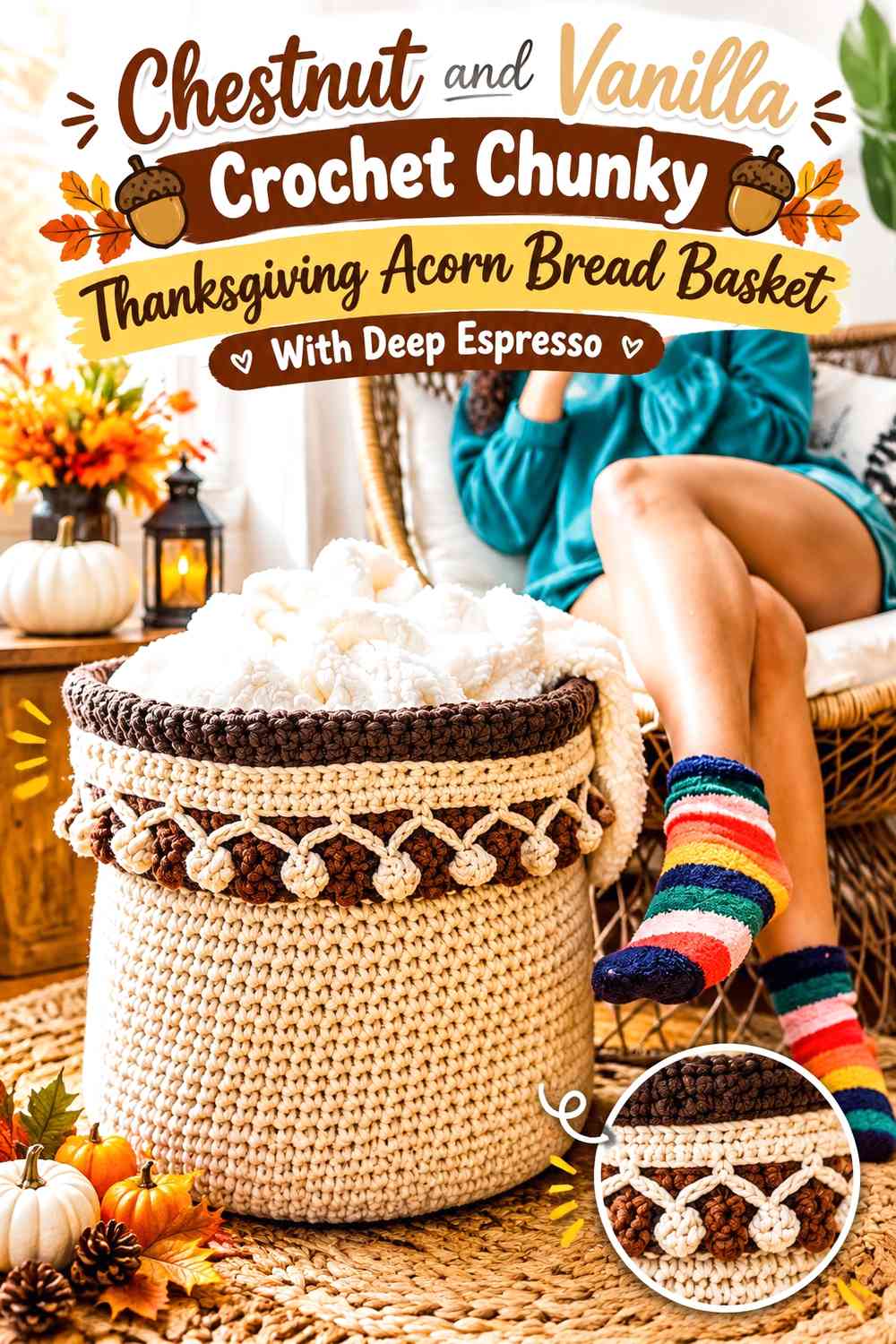 Chestnut and Vanilla Crochet Chunky Thanksgiving Acorn Bread Basket With Deep Espresso