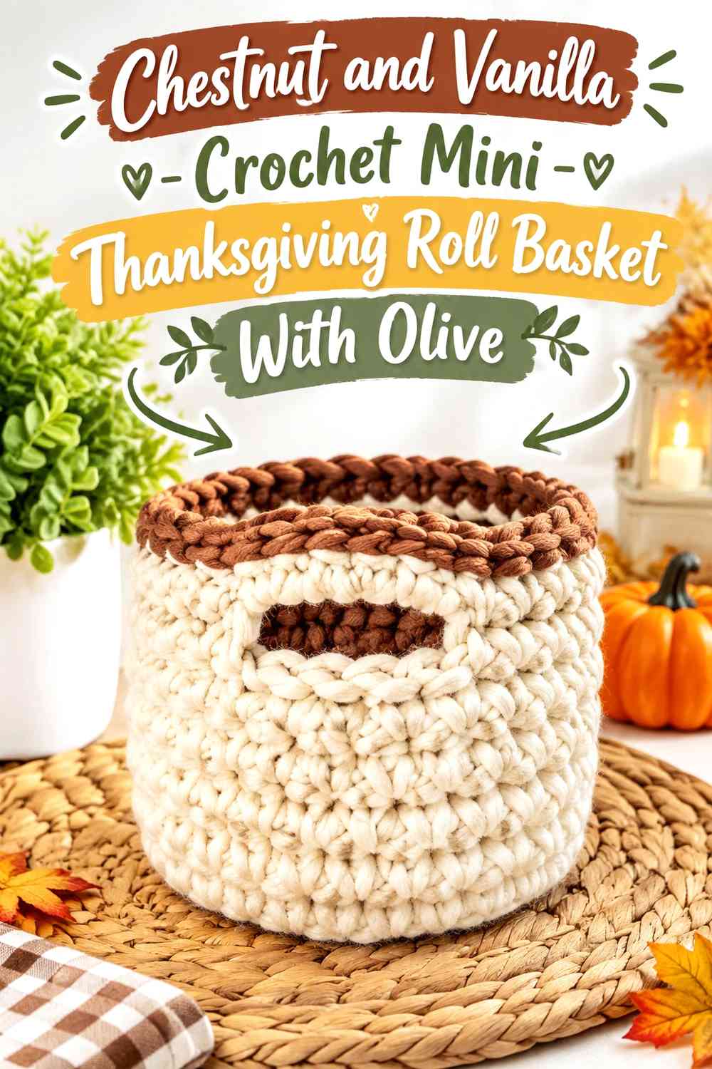 Chestnut and Vanilla Crochet Mini Thanksgiving Roll Basket With Olive