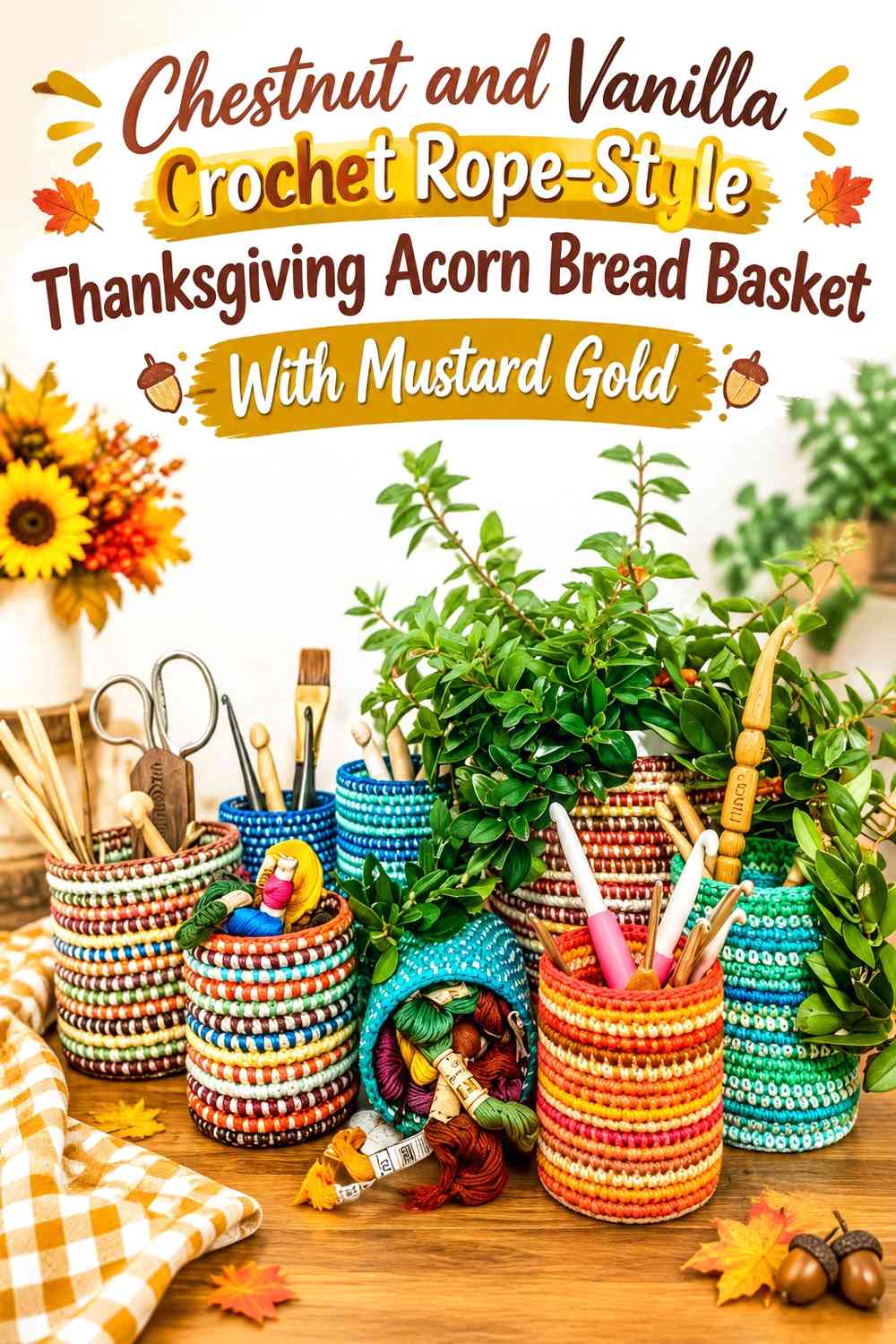 Chestnut and Vanilla Crochet Rope-Style Thanksgiving Acorn Bread Basket With Mustard Gold