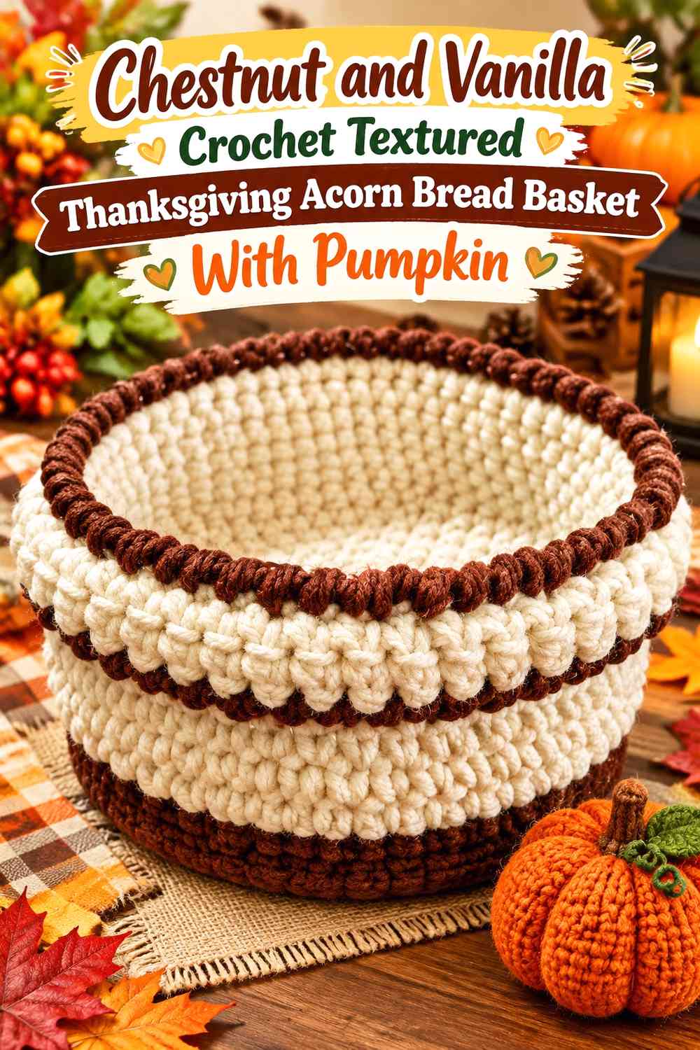 Chestnut and Vanilla Crochet Textured Thanksgiving Acorn Bread Basket With Pumpkin