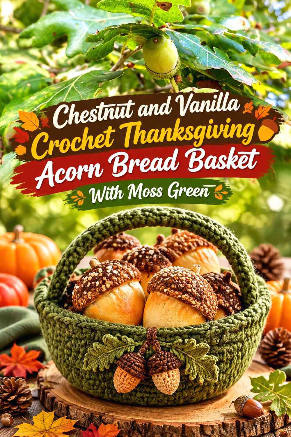 Chestnut and Vanilla Crochet Thanksgiving Acorn Bread Basket With Moss Green