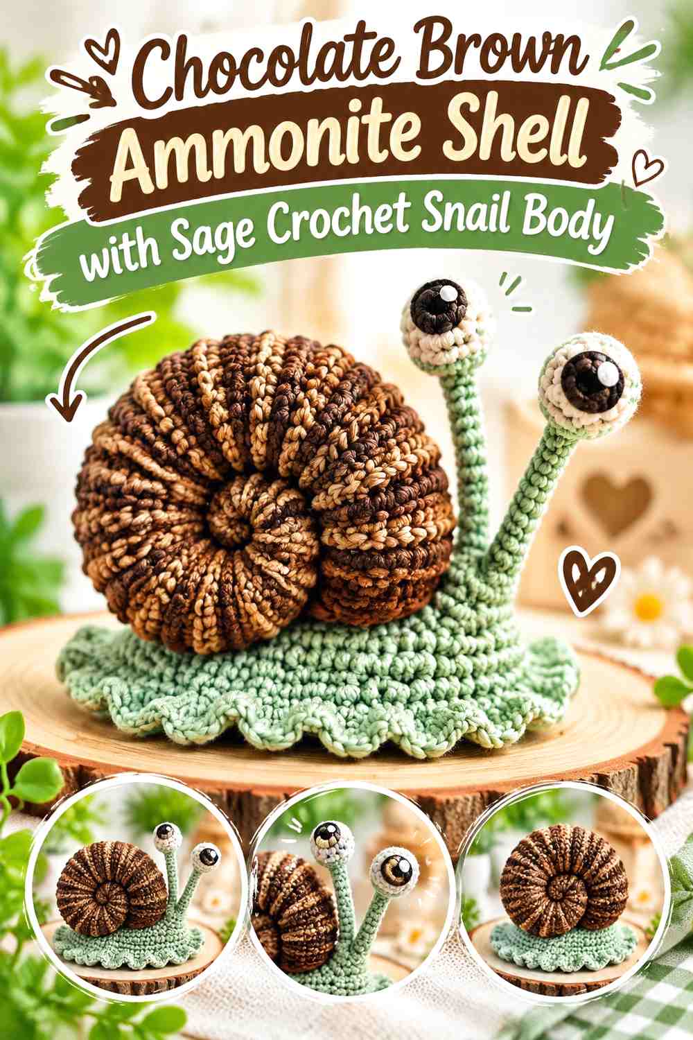 Chocolate Brown Ammonite Shell with Sage Crochet Snail Body