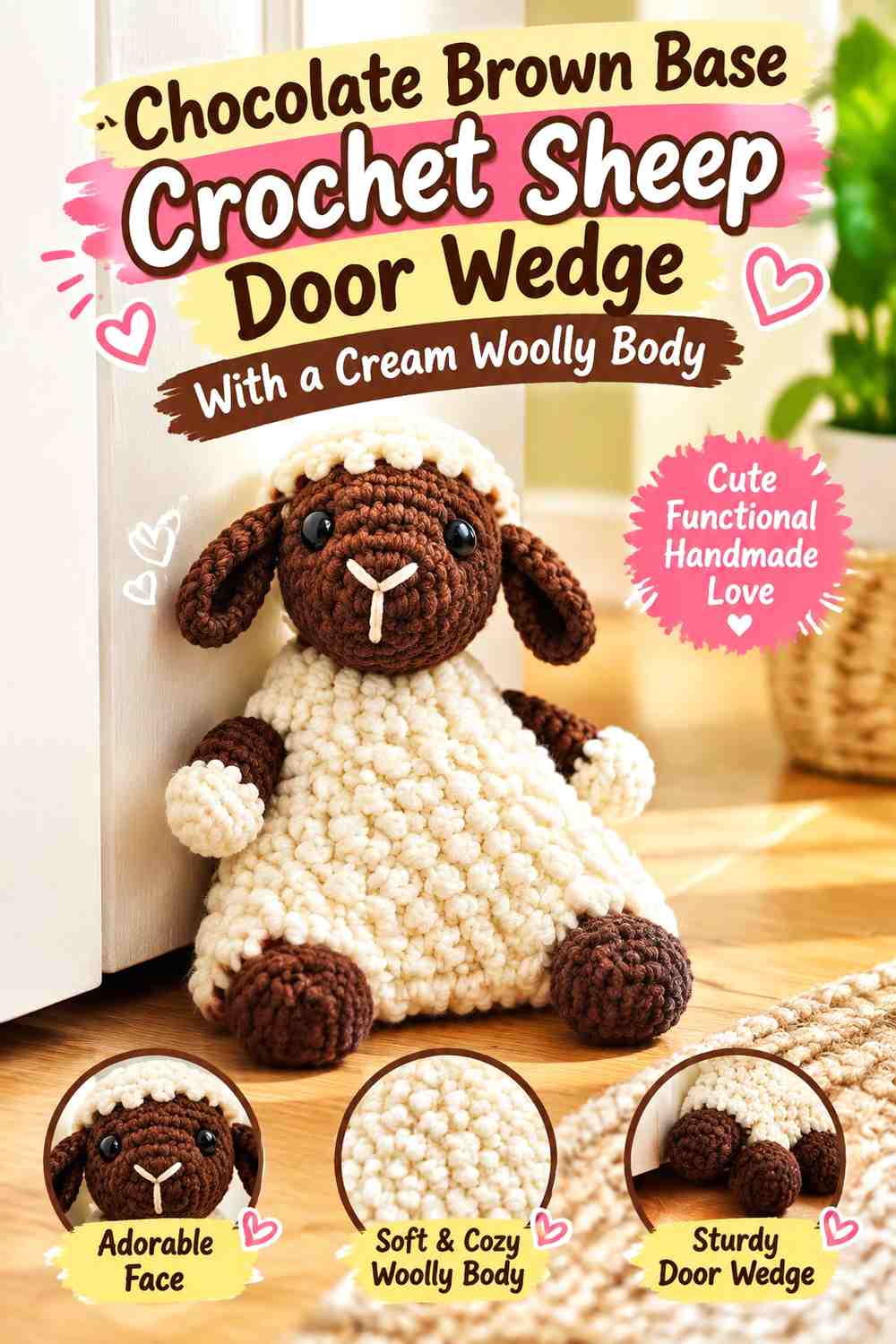 Chocolate Brown Base Crochet Sheep Door Wedge With a Cream Woolly Body