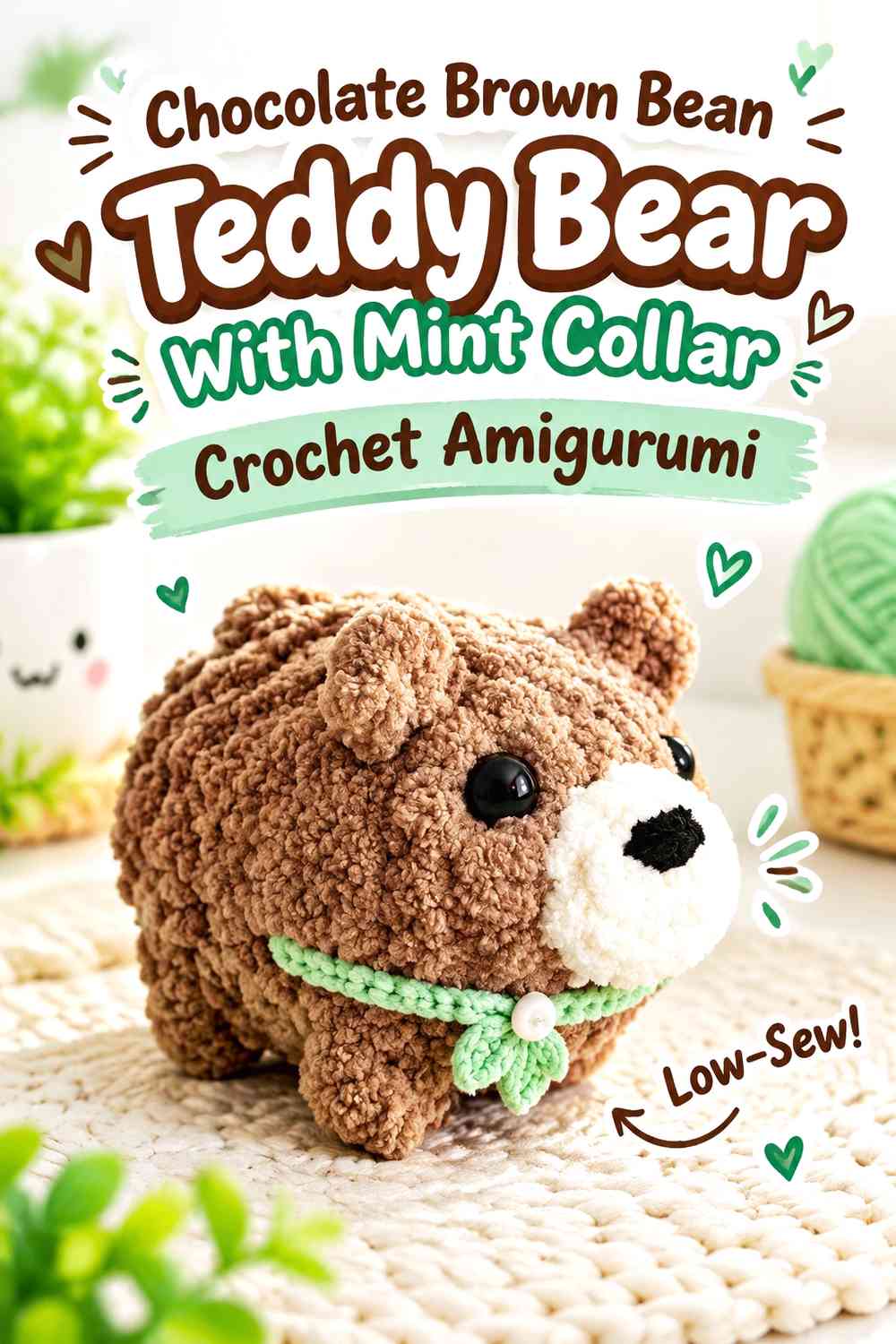 Chocolate Brown Bean Teddy Bear With Mint Collar Crochet Amigurumi