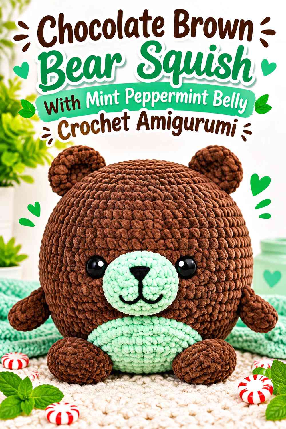 Chocolate Brown Bear Squish With Mint Peppermint Belly Crochet Amigurumi