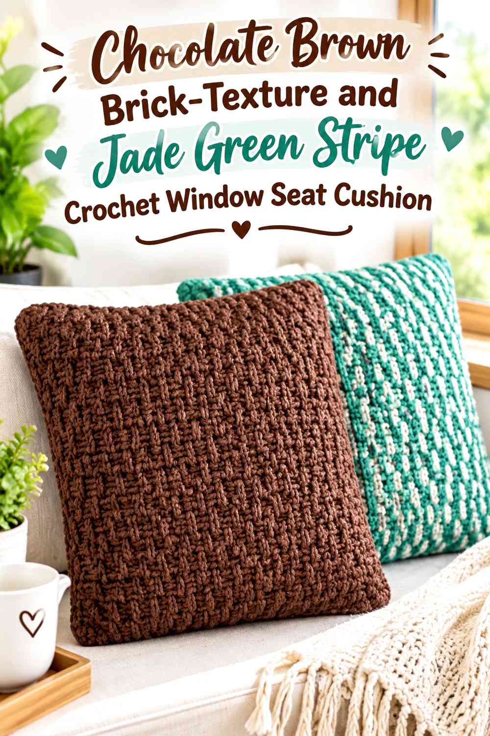Chocolate Brown Brick-Texture and Jade Green Stripe Crochet Window Seat Cushion