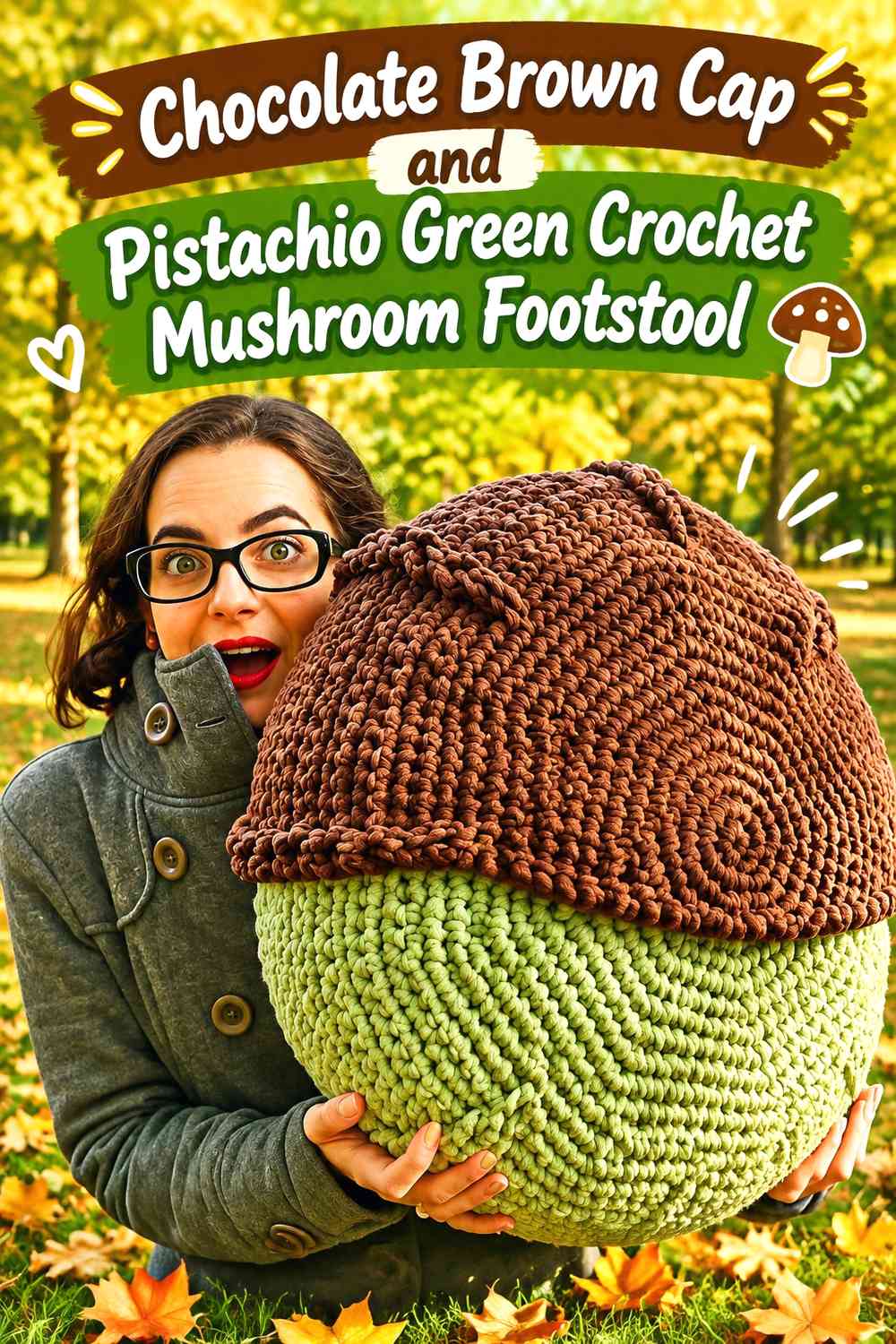 Chocolate Brown Cap and Pistachio Green Crochet Mushroom Footstool