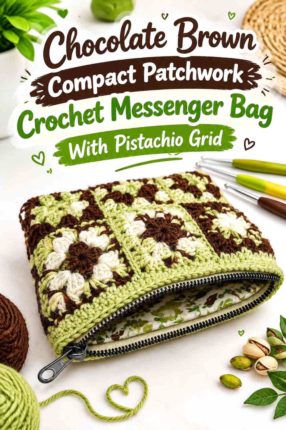 Chocolate Brown Compact Patchwork Crochet Messenger Bag With Pistachio Grid