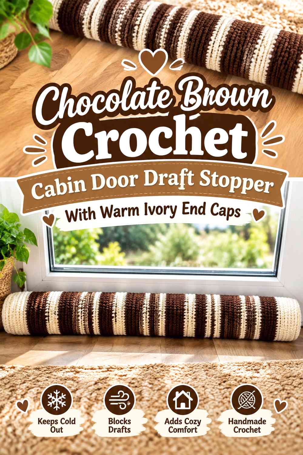 Chocolate Brown Crochet Cabin Door Draft Stopper With Warm Ivory End Caps