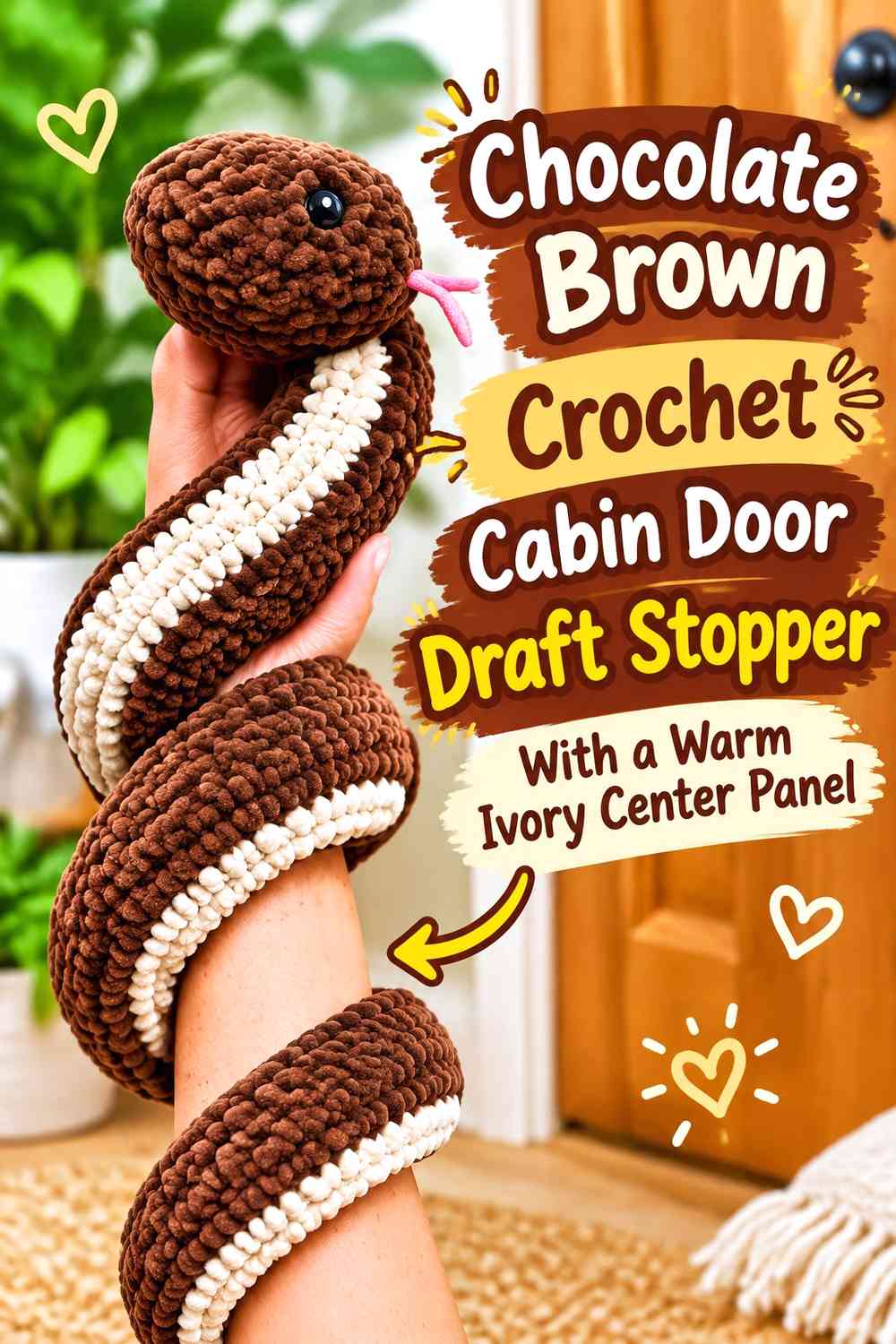 Chocolate Brown Crochet Cabin Door Draft Stopper With a Warm Ivory Center Panel