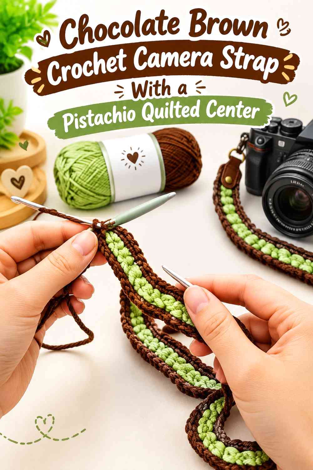 Chocolate Brown Crochet Camera Strap With a Pistachio Quilted Center