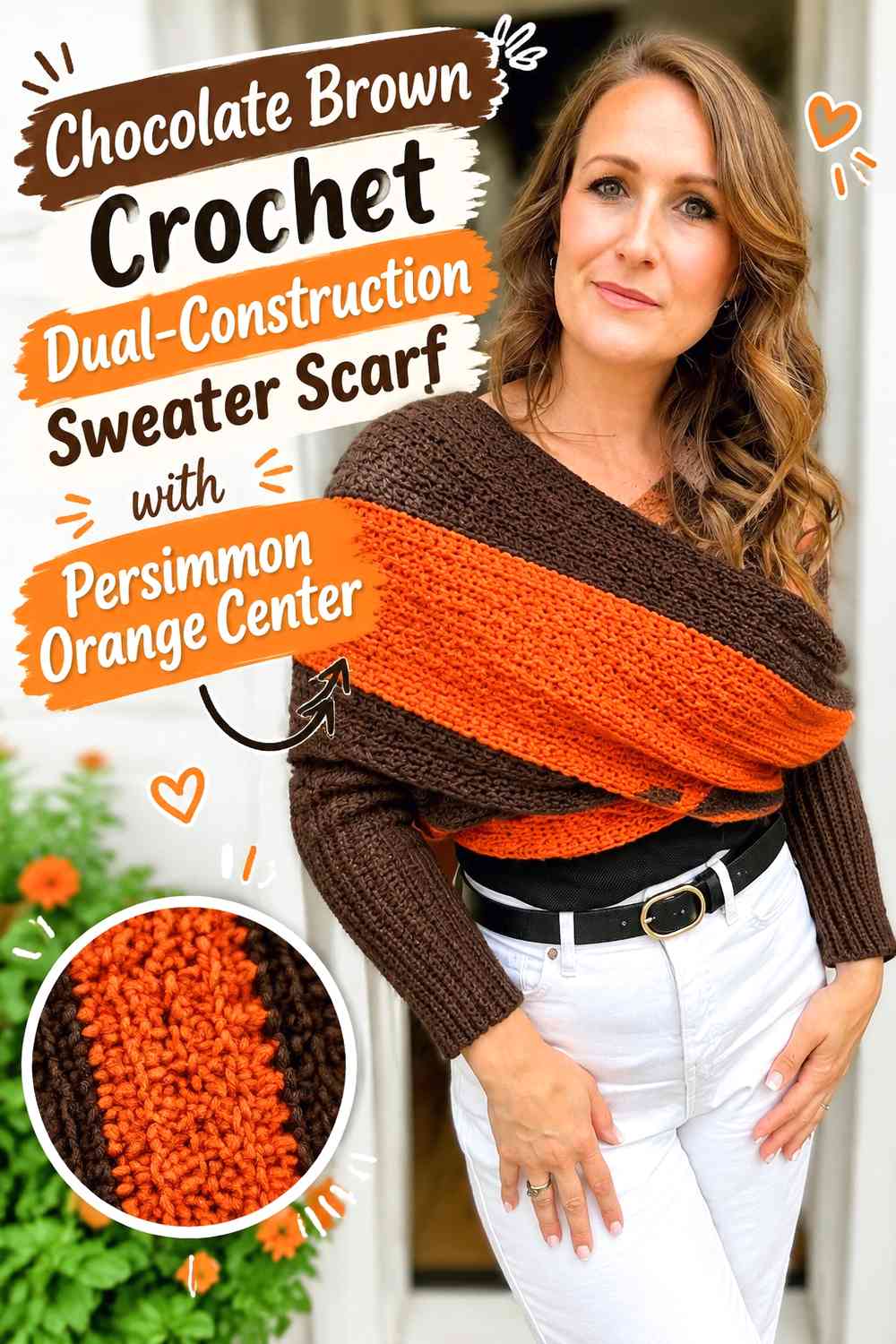 Chocolate Brown Crochet Dual-Construction Sweater Scarf with Persimmon Orange Center