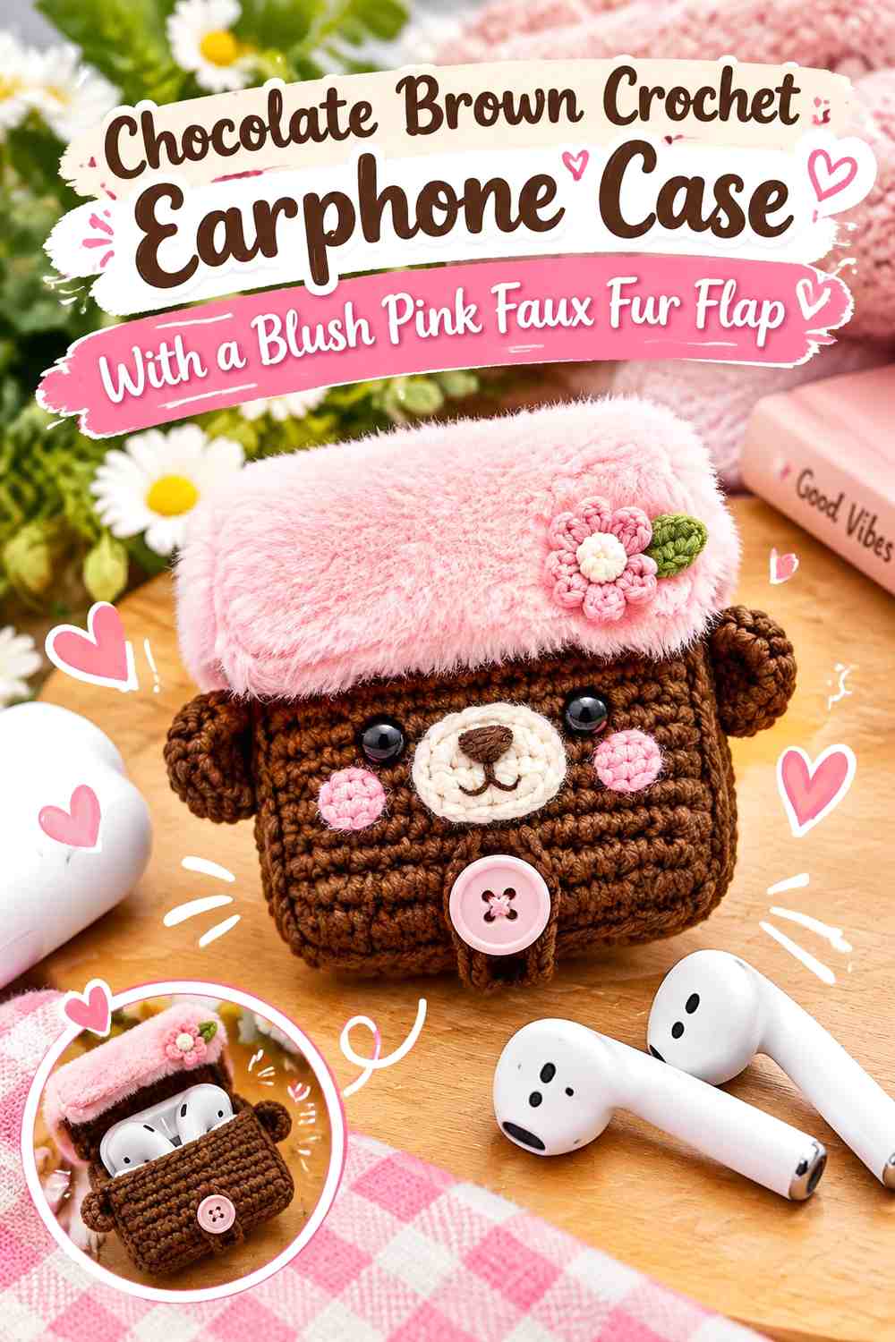 Chocolate Brown Crochet Earphone Case With a Blush Pink Faux Fur Flap
