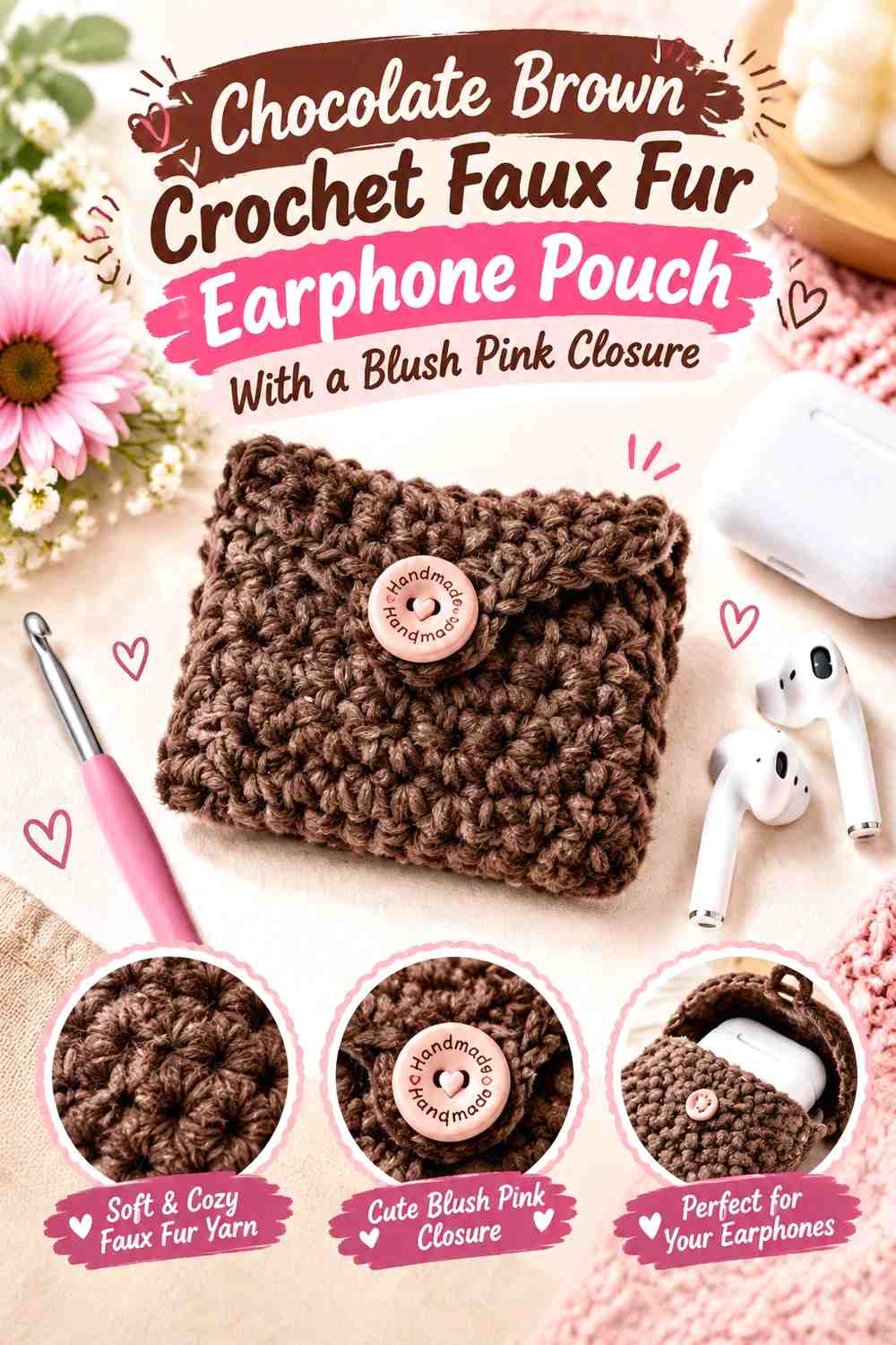 Chocolate Brown Crochet Faux Fur Earphone Pouch With a Blush Pink Closure