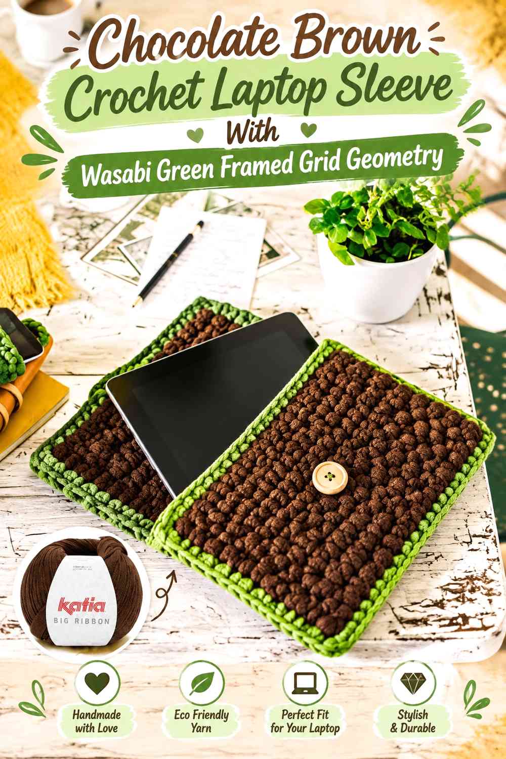 Chocolate Brown Crochet Laptop Sleeve With Wasabi Green Framed Grid Geometry