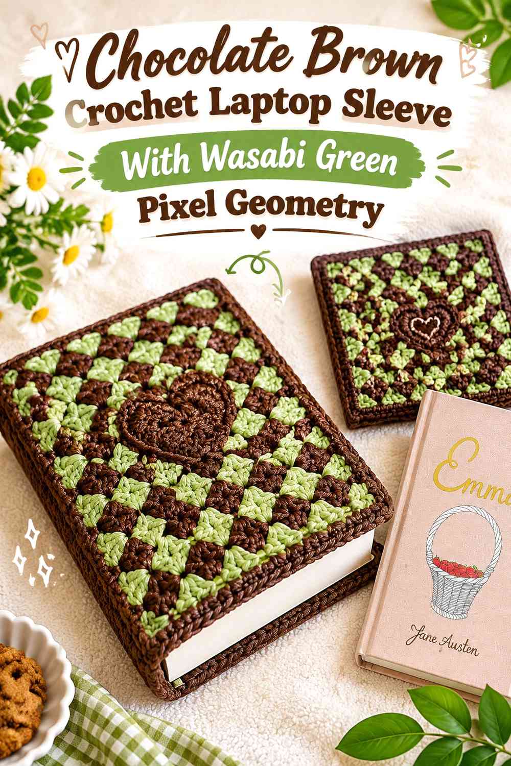 Chocolate Brown Crochet Laptop Sleeve With Wasabi Green Pixel Geometry