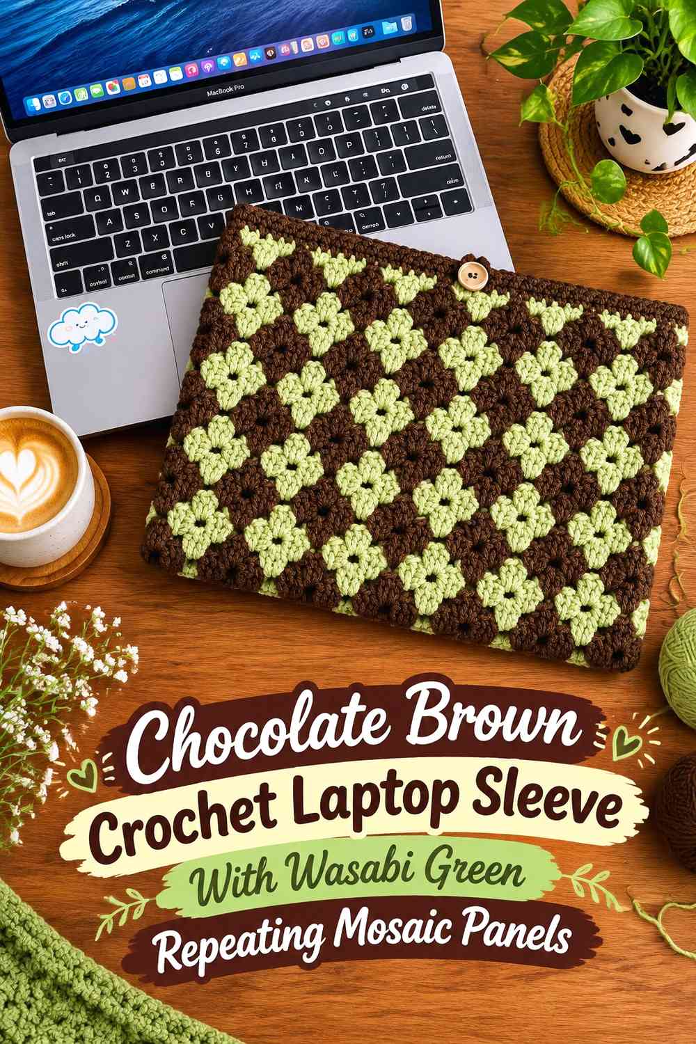 Chocolate Brown Crochet Laptop Sleeve With Wasabi Green Repeating Mosaic Panels