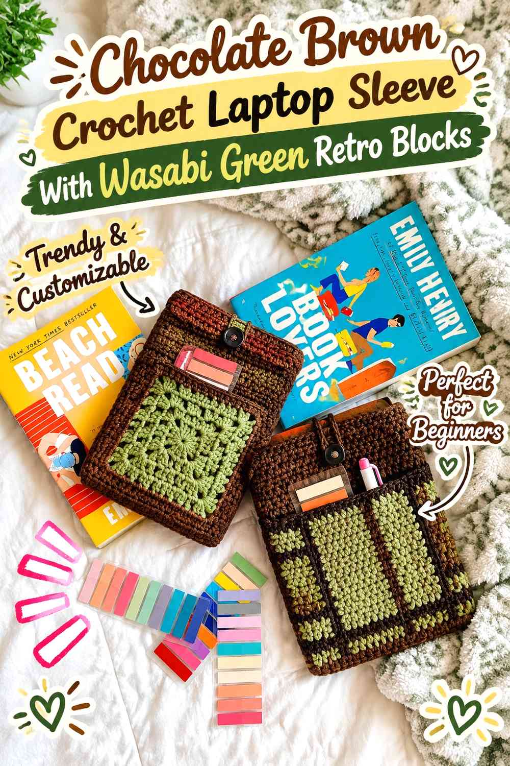 Chocolate Brown Crochet Laptop Sleeve With Wasabi Green Retro Blocks