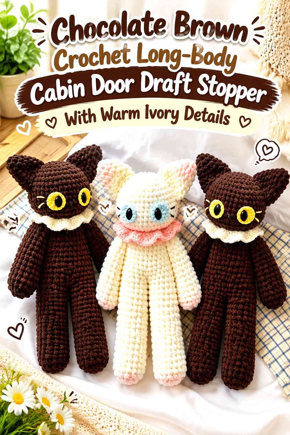 Chocolate Brown Crochet Long-Body Cabin Door Draft Stopper With Warm Ivory Details
