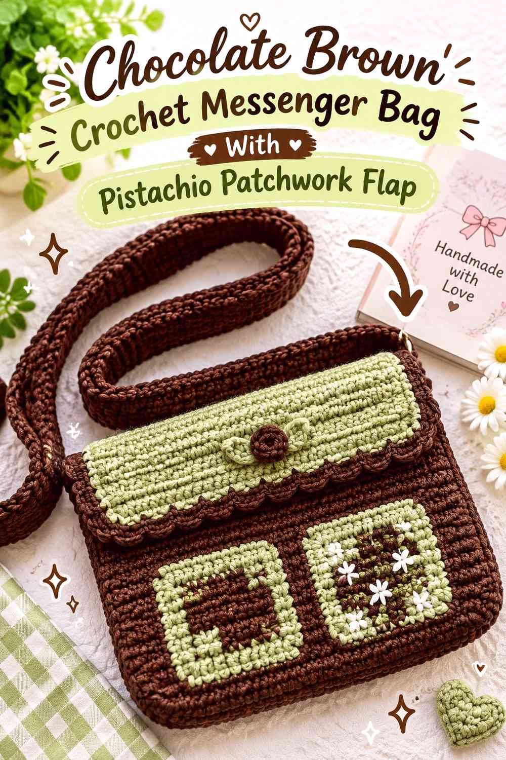 Chocolate Brown Crochet Messenger Bag With Pistachio Patchwork Flap