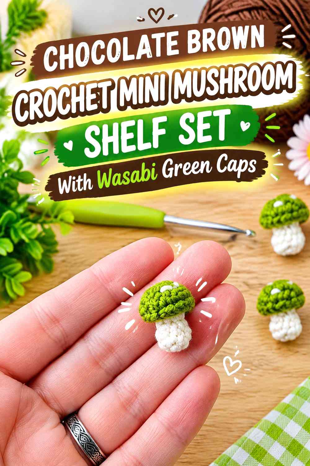 Chocolate Brown Crochet Mini Mushroom Shelf Set With Wasabi Green Caps