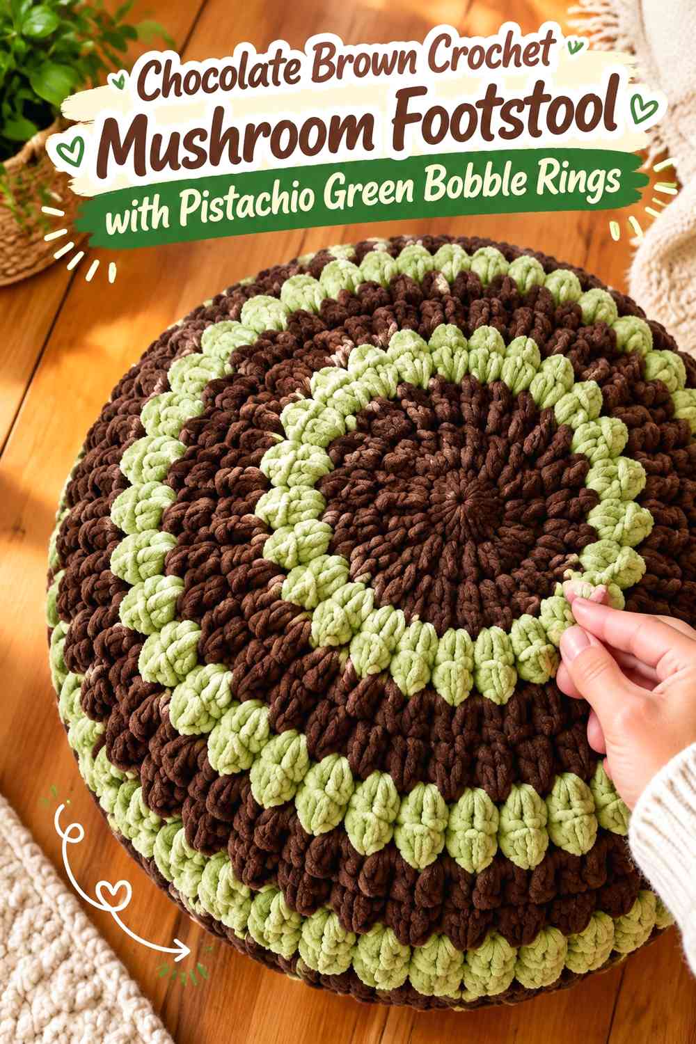 Chocolate Brown Crochet Mushroom Footstool with Pistachio Green Bobble Rings