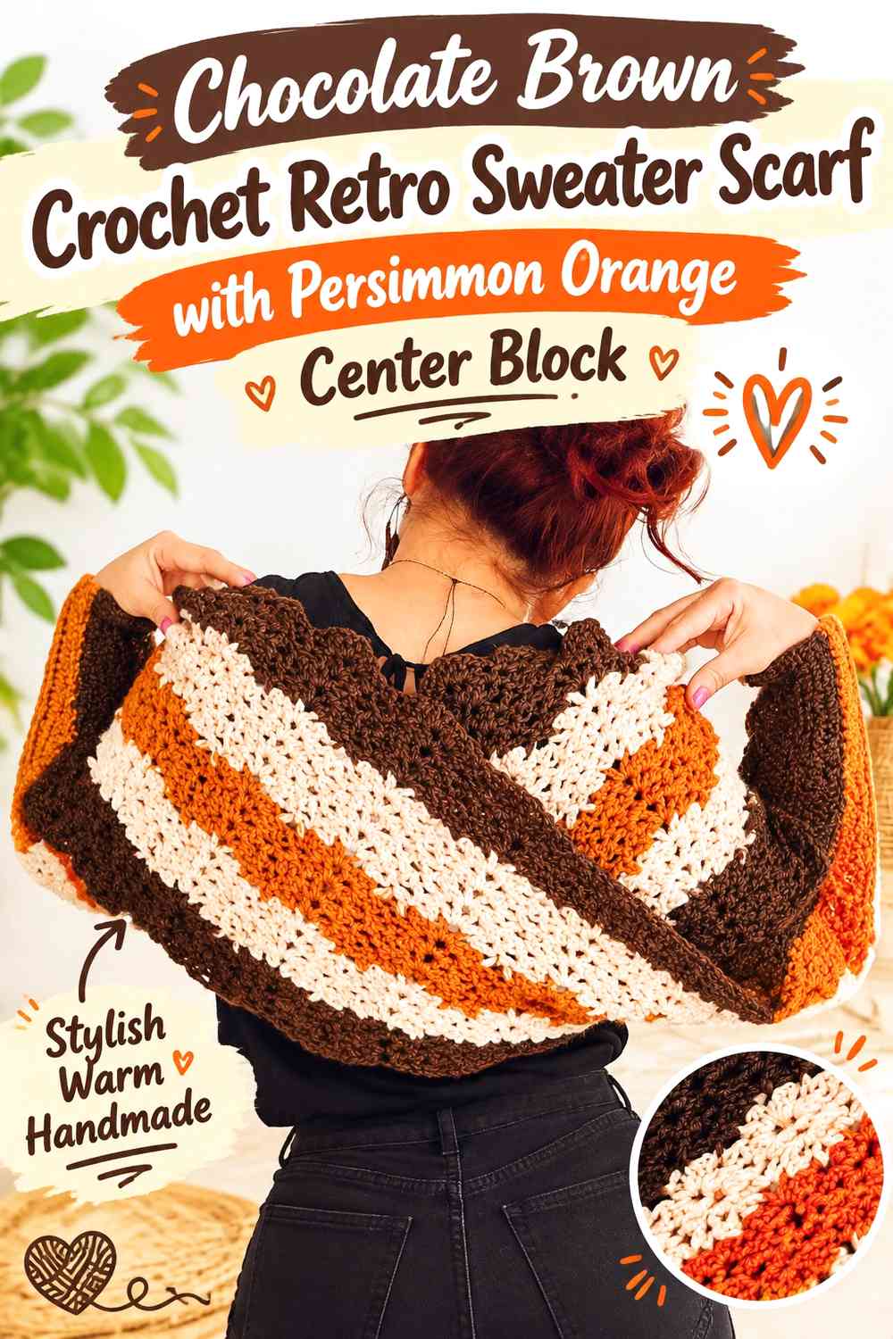 Chocolate Brown Crochet Retro Sweater Scarf with Persimmon Orange Center Block