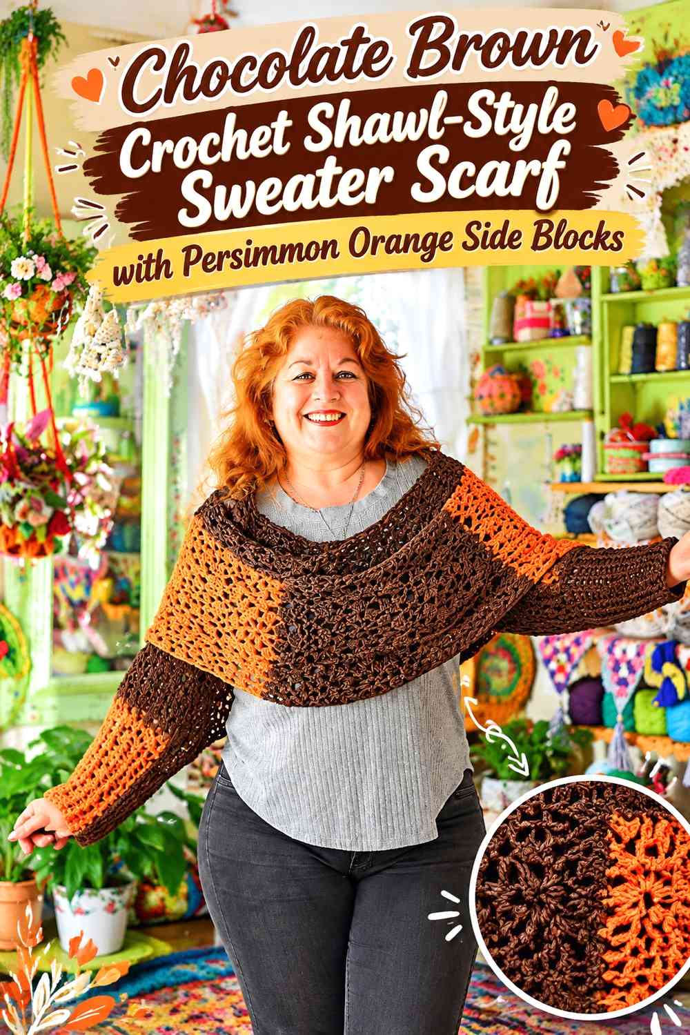 Chocolate Brown Crochet Shawl-Style Sweater Scarf with Persimmon Orange Side Blocks