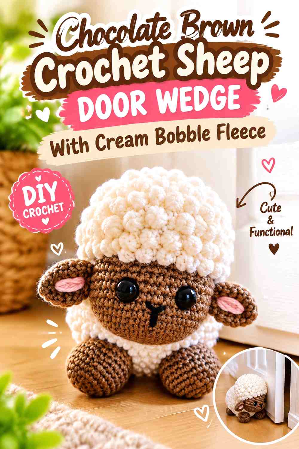 Chocolate Brown Crochet Sheep Door Wedge With Cream Bobble Fleece