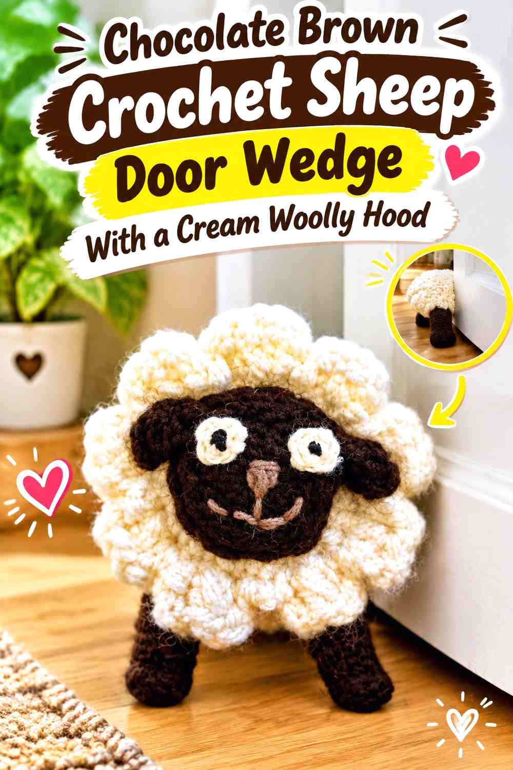 Chocolate Brown Crochet Sheep Door Wedge With a Cream Woolly Hood