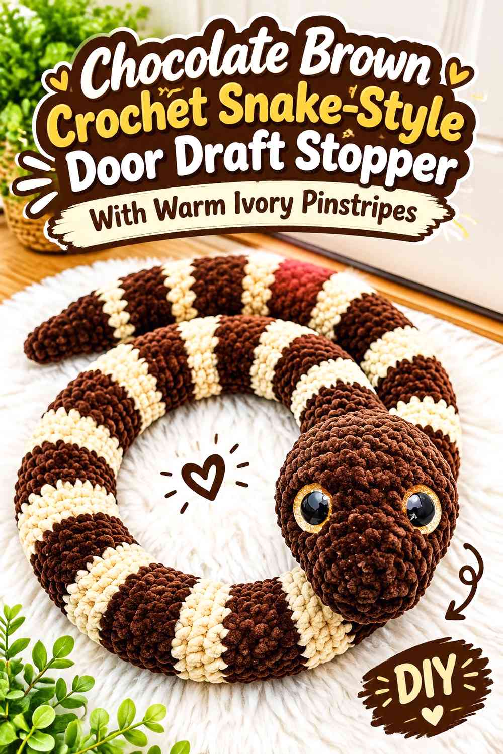 Chocolate Brown Crochet Snake-Style Door Draft Stopper With Warm Ivory Pinstripes