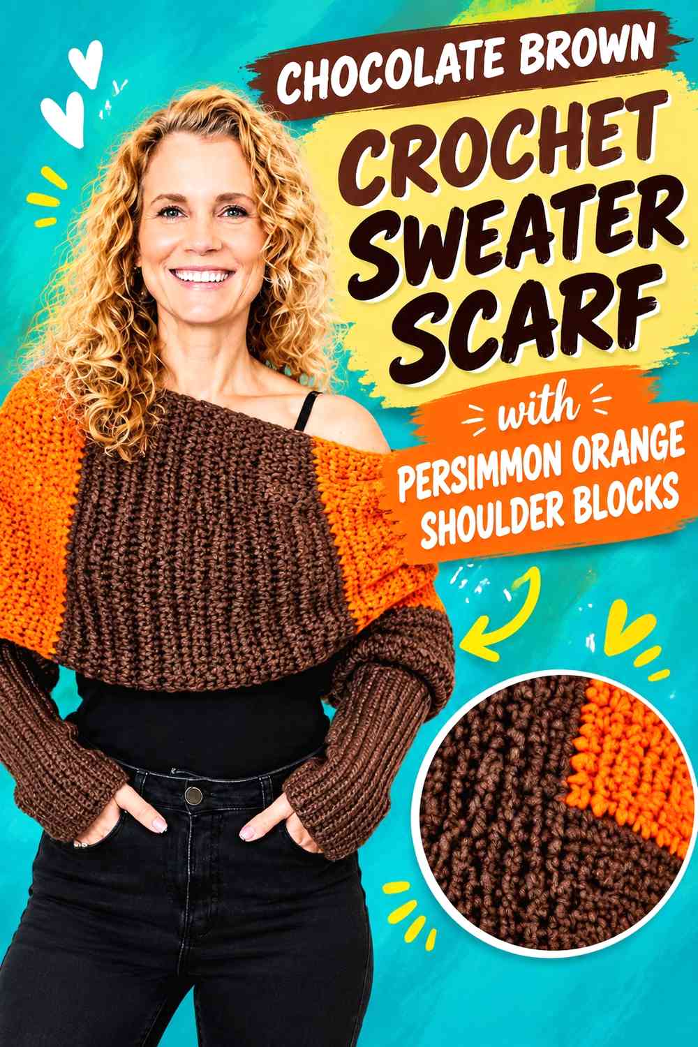 Chocolate Brown Crochet Sweater Scarf with Persimmon Orange Shoulder Blocks