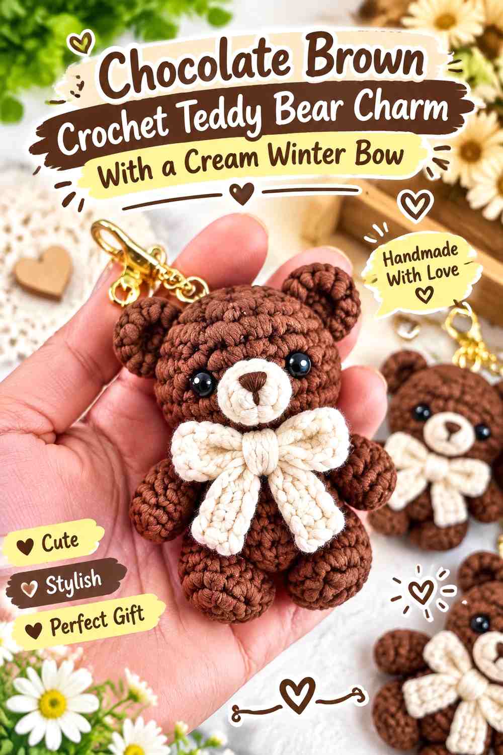 Chocolate Brown Crochet Teddy Bear Charm With a Cream Winter Bow