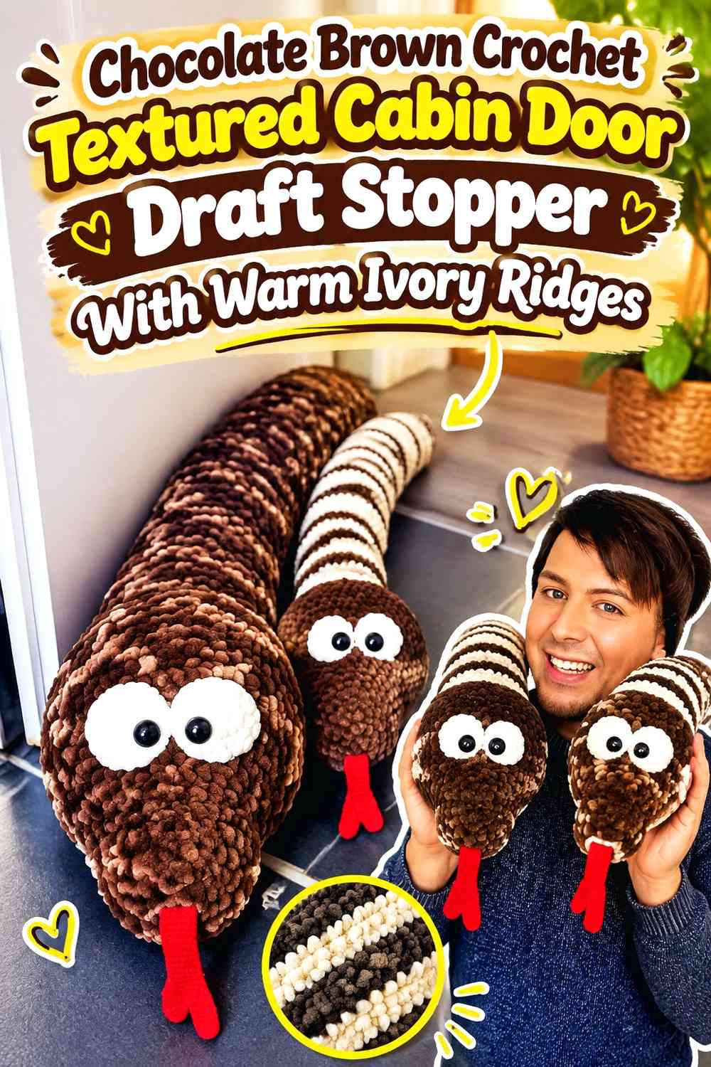 Chocolate Brown Crochet Textured Cabin Door Draft Stopper With Warm Ivory Ridges