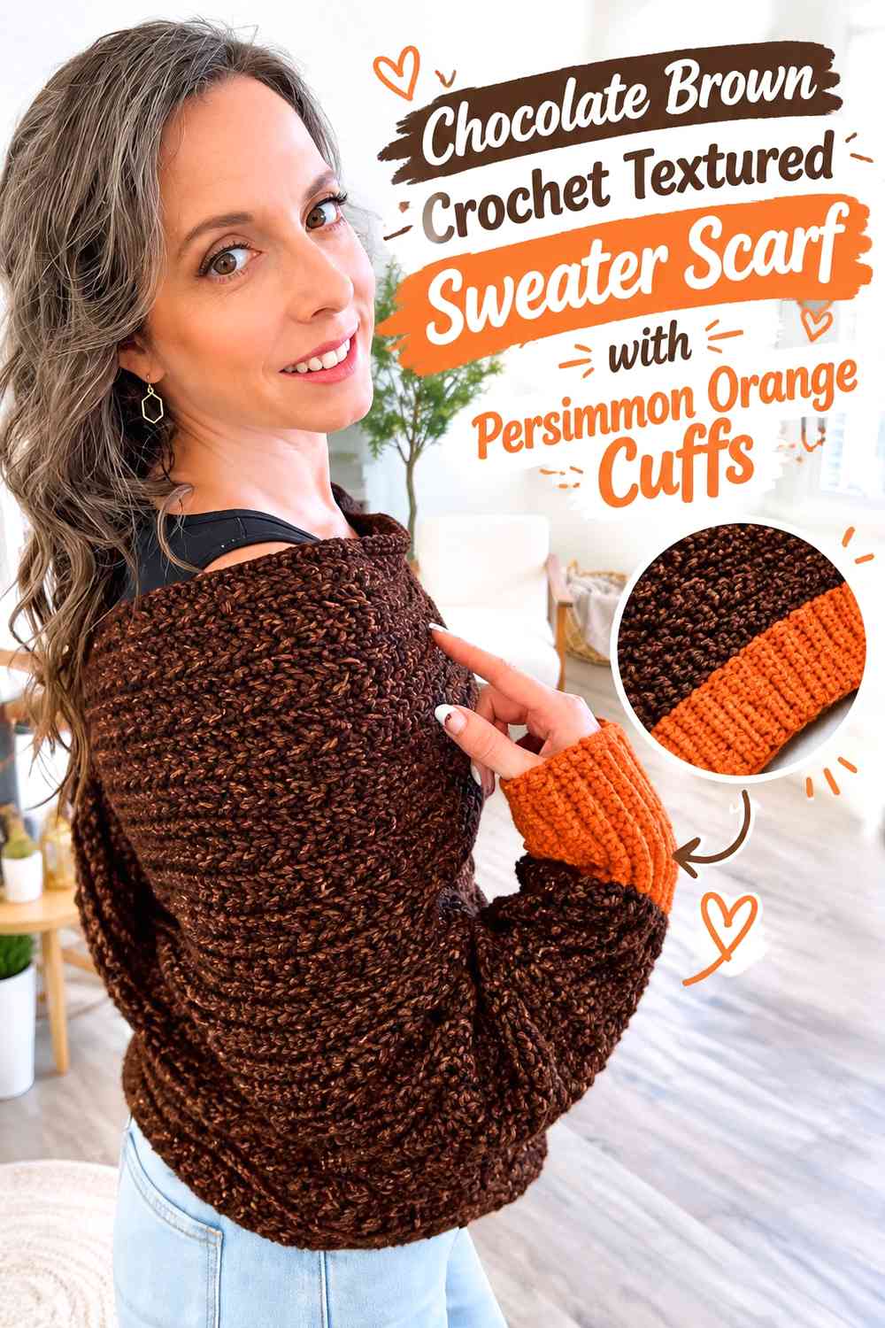 Chocolate Brown Crochet Textured Sweater Scarf with Persimmon Orange Cuffs