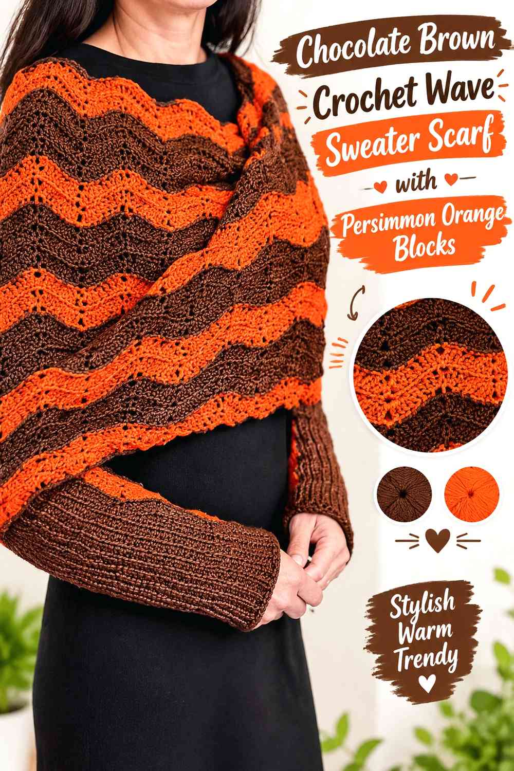 Chocolate Brown Crochet Wave Sweater Scarf with Persimmon Orange Blocks