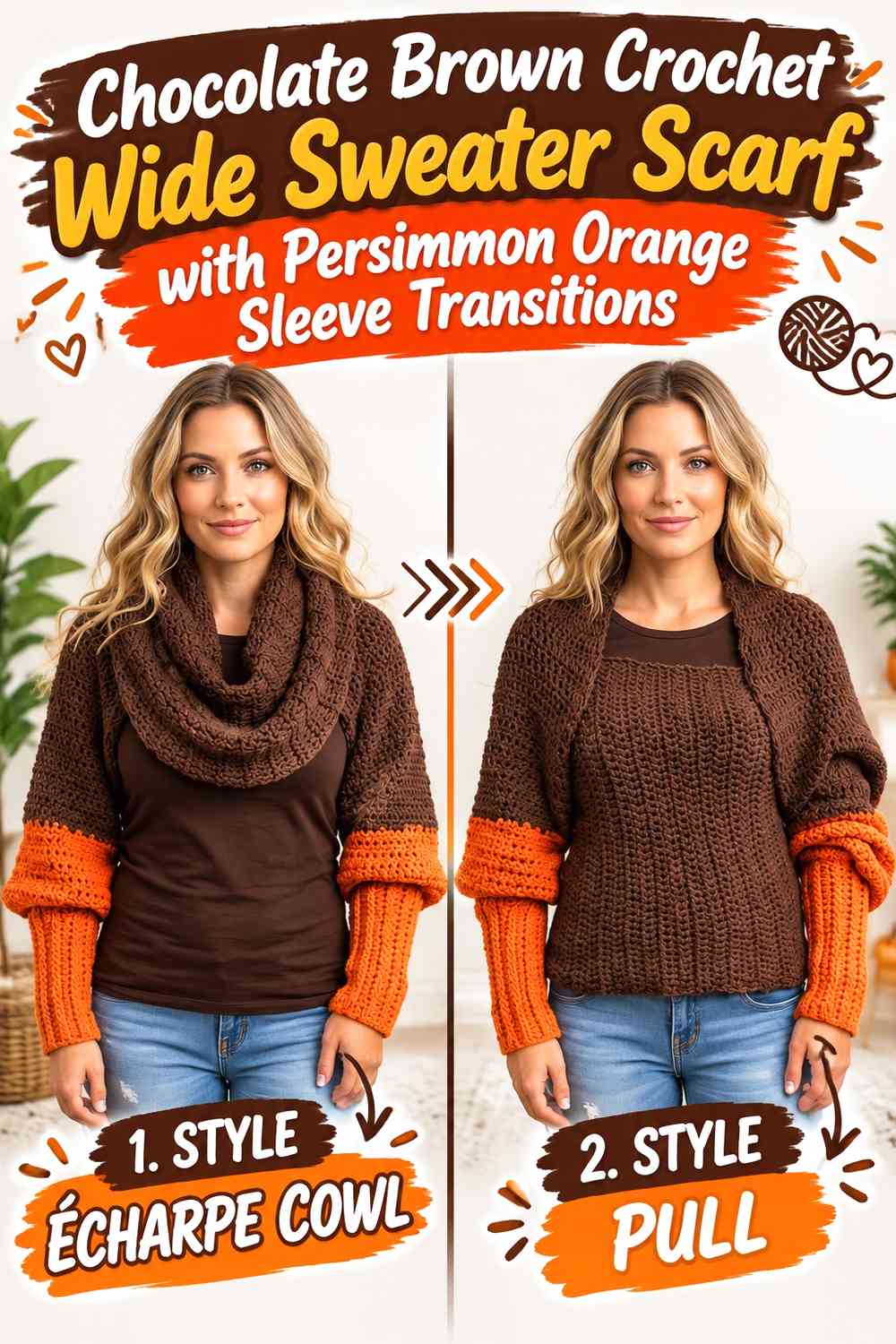 Chocolate Brown Crochet Wide Sweater Scarf with Persimmon Orange Sleeve Transitions